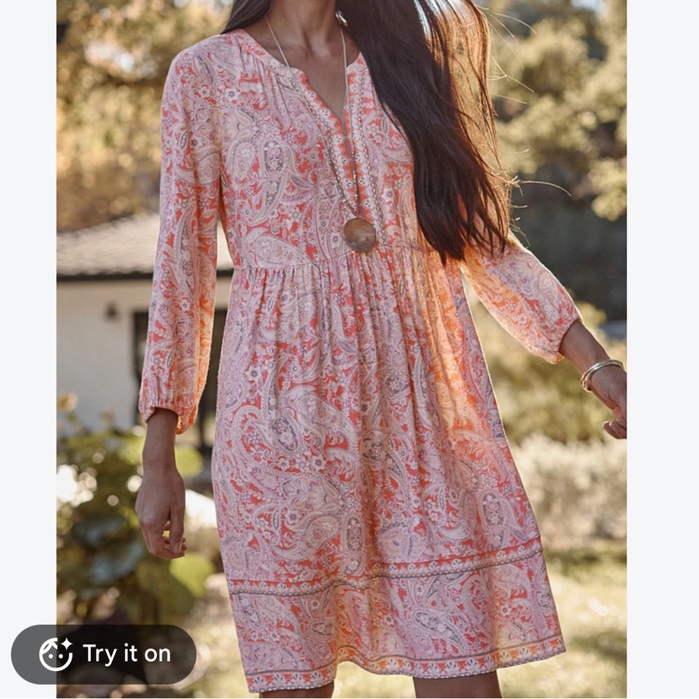 J. Jill A-Line Peasant Dress Coral Elegant Paisley Split Neck Boho Long Sleeve